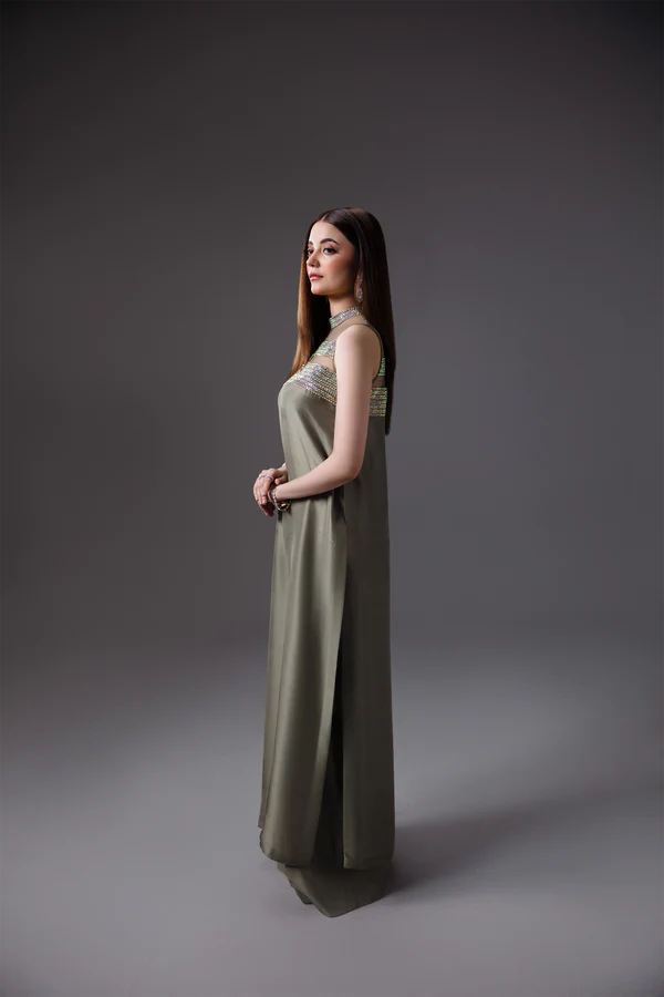 OLIVE SILK CRYSTAL-NECK ENSEMBLE