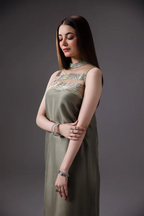 OLIVE SILK CRYSTAL-NECK ENSEMBLE