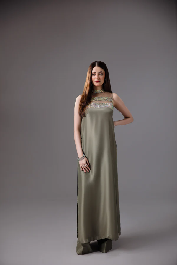 OLIVE SILK CRYSTAL-NECK ENSEMBLE
