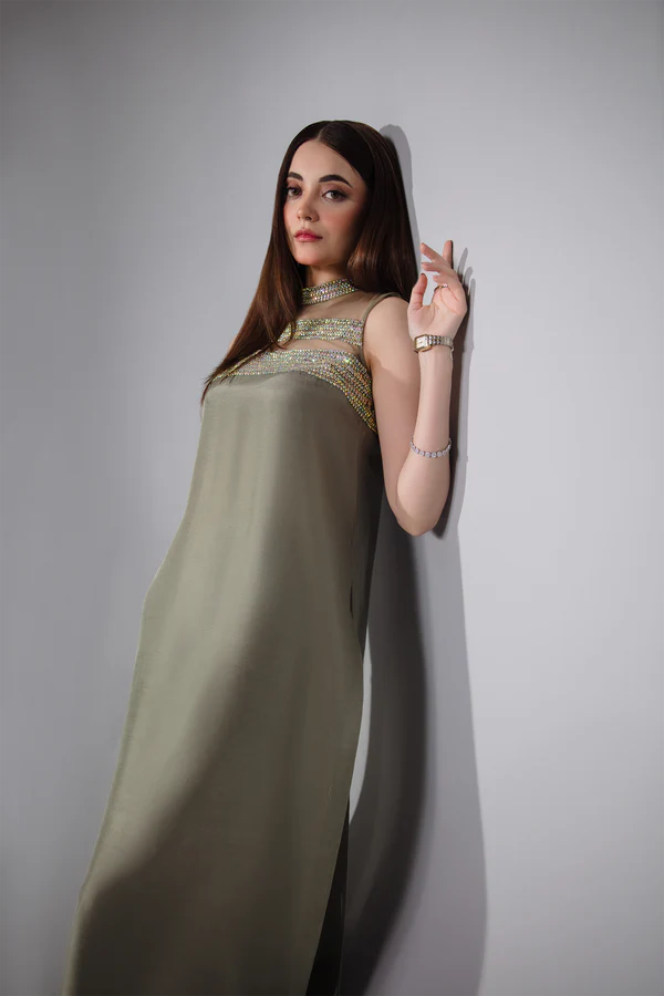 OLIVE SILK CRYSTAL-NECK ENSEMBLE