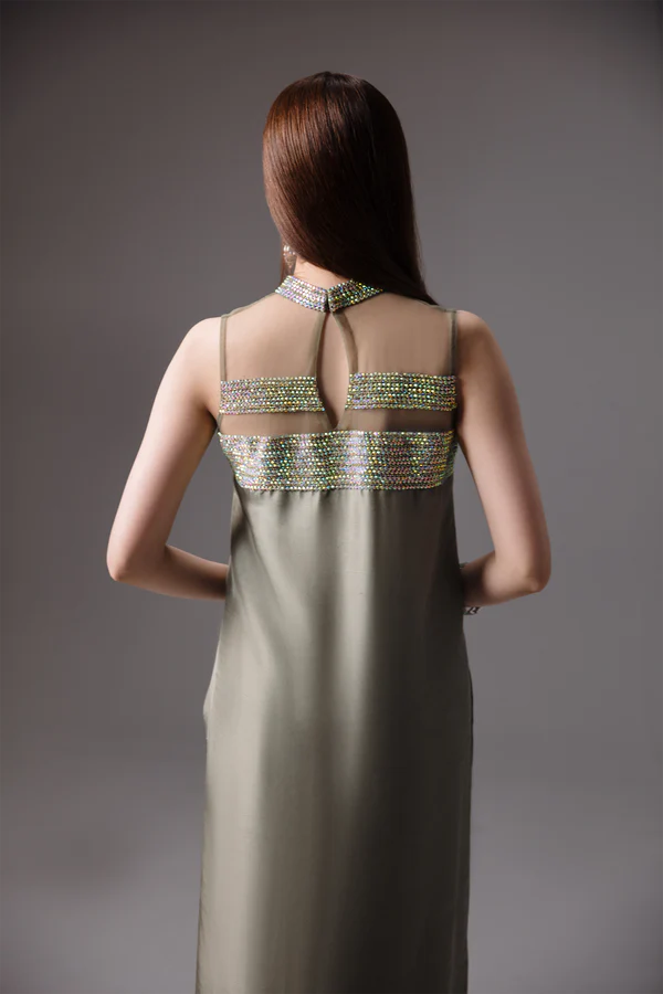 OLIVE SILK CRYSTAL-NECK ENSEMBLE