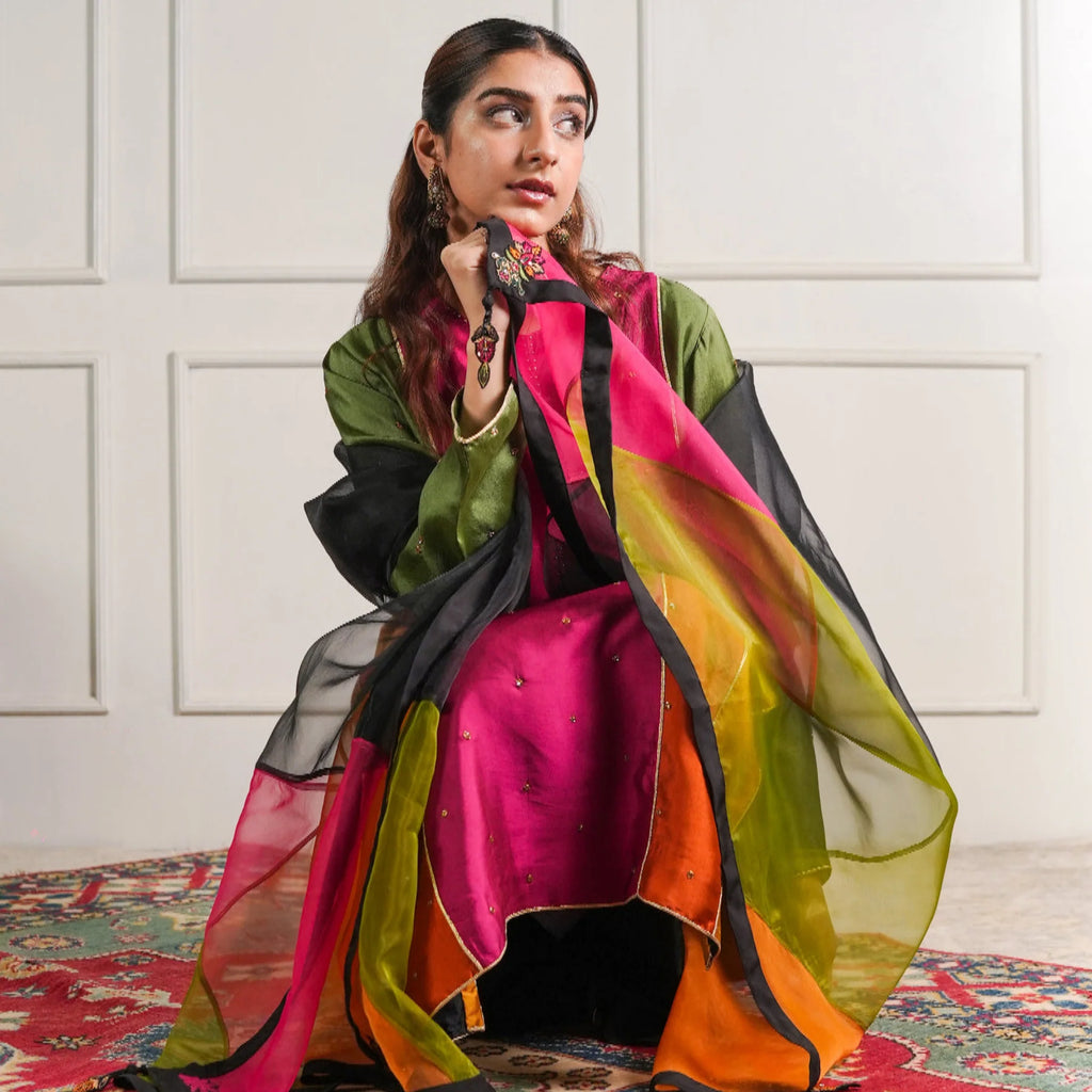 Color-Block Silk Tunic Set with Organza Dupatta