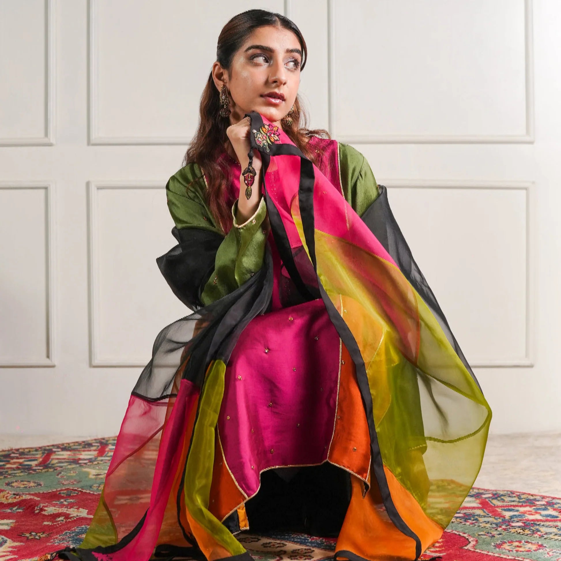 Color-Block Silk Tunic Set with Organza Dupatta