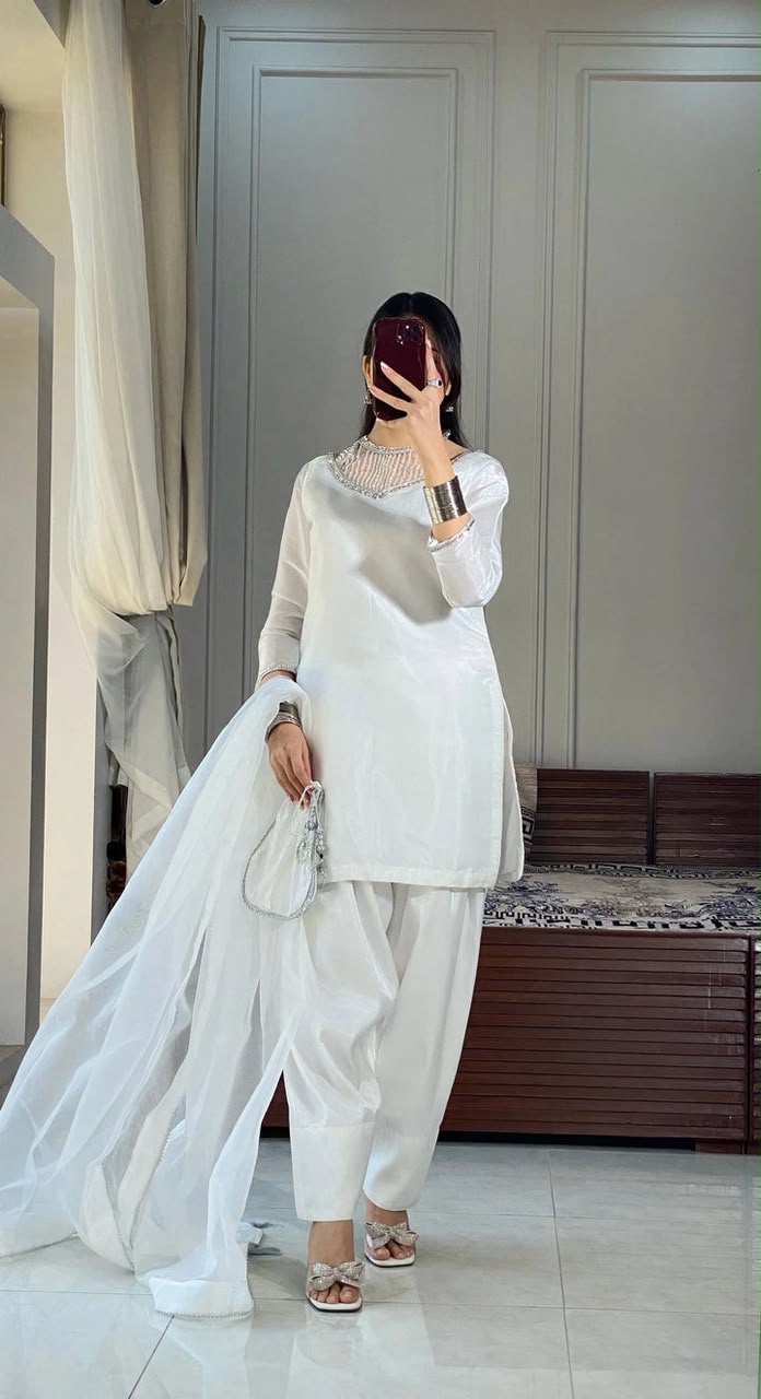 White Embellished neck 3pc