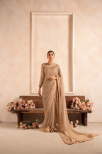 Woman wearing beige champagne shimmer saree 
