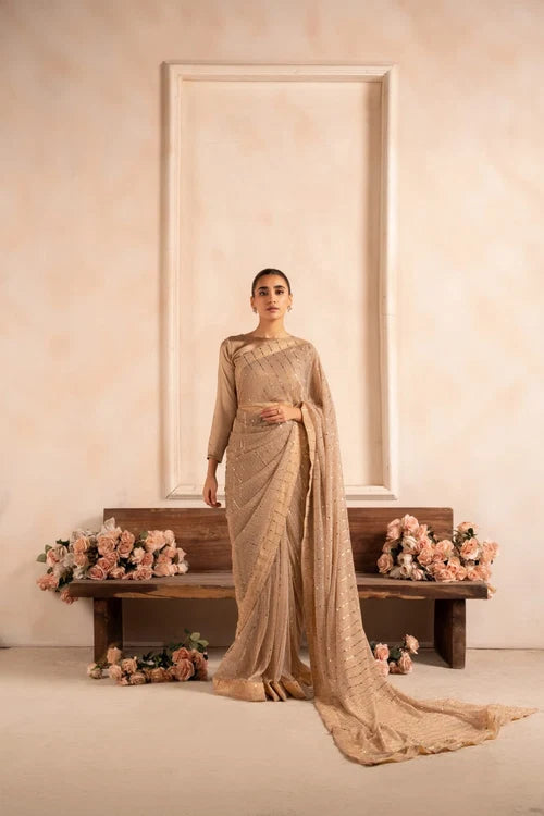 Woman wearing beige champagne shimmer saree 