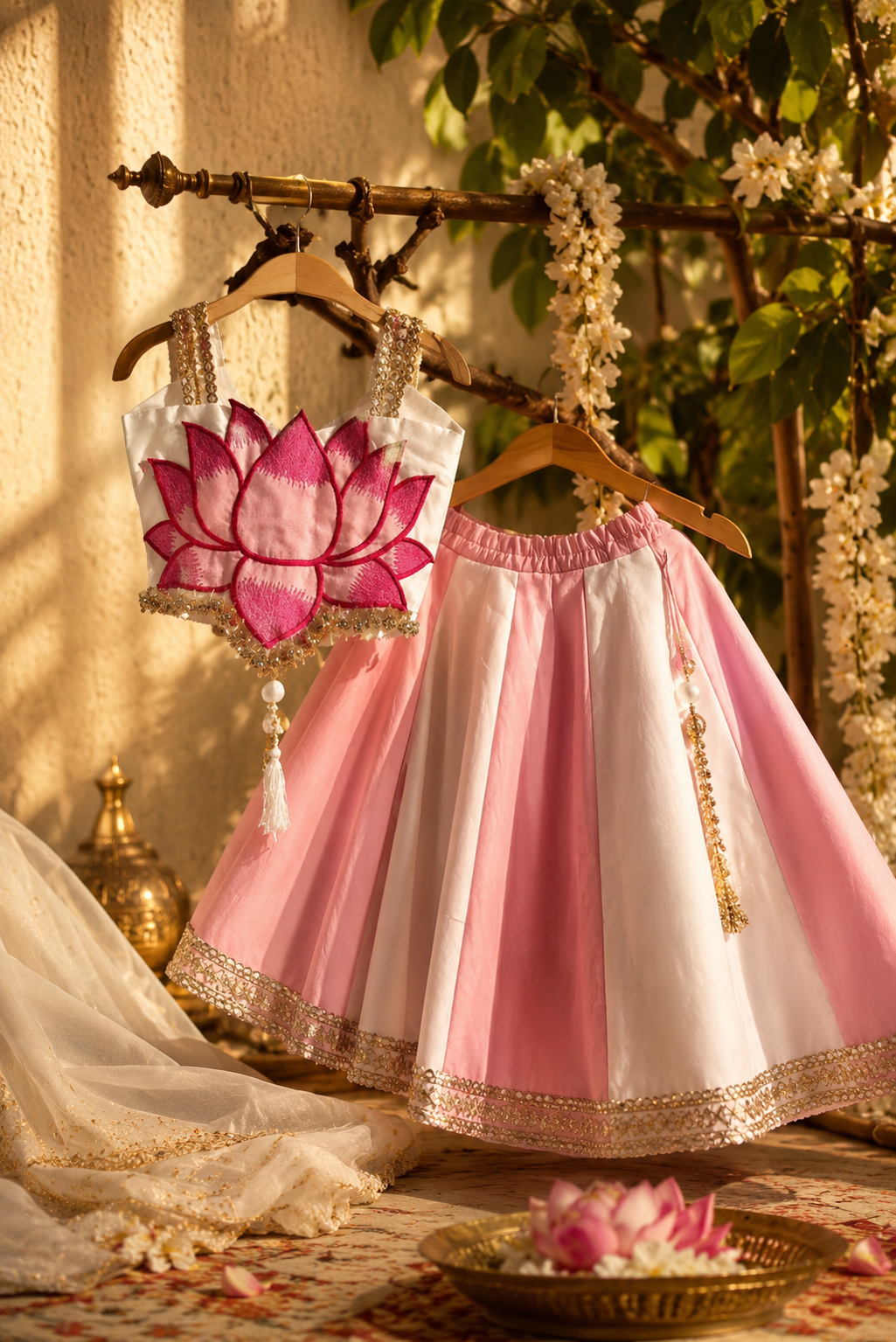 A pink and white traditional children's dress with a large pink lotus embroidery on the chest, hanging on a wooden hanger from a decorative rack in a warm, sunlit setting with floral garlands and a patterned rug.