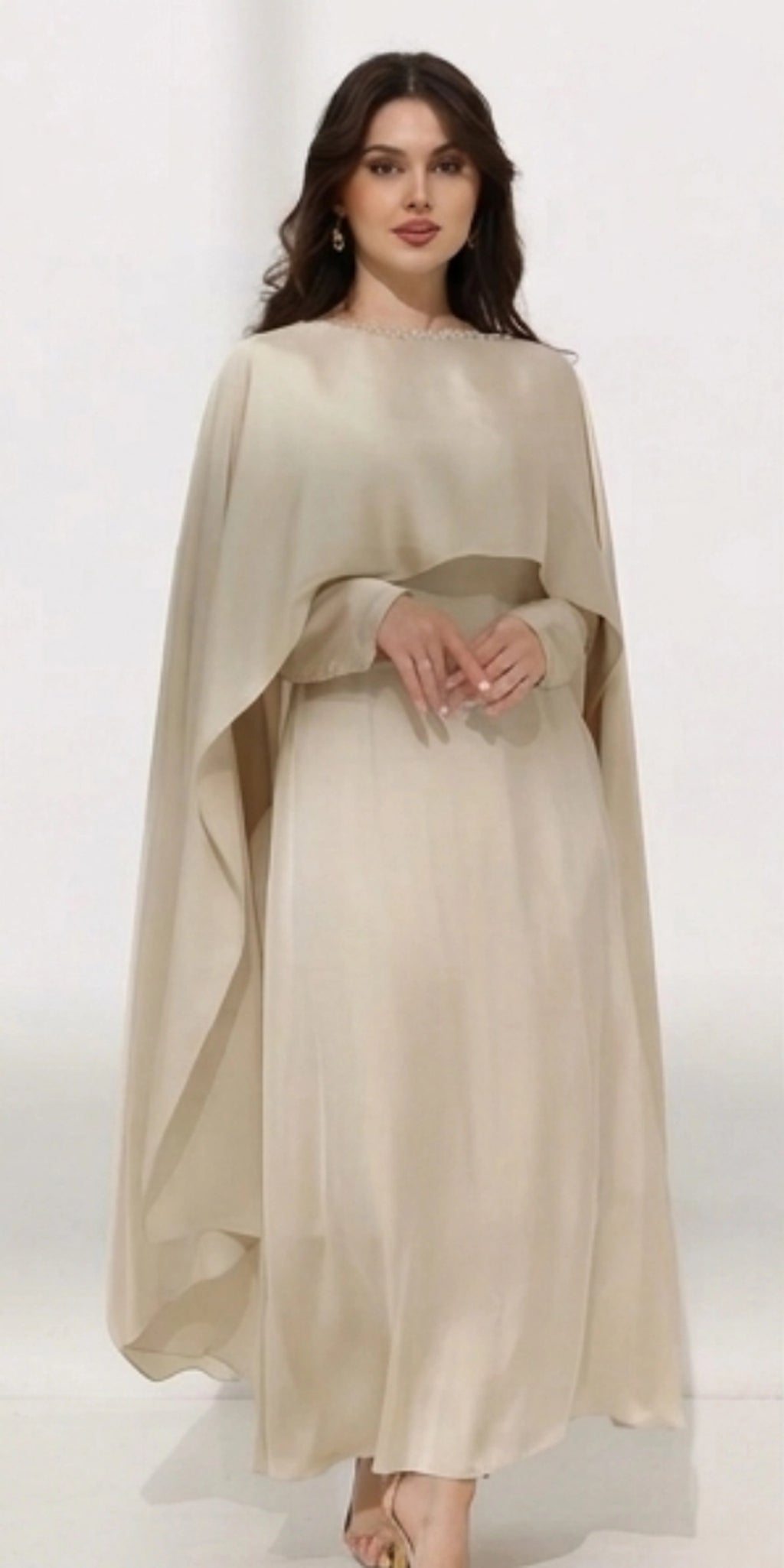 Elegant Beige Cape Style Maxi