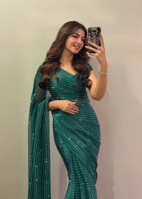 Emerald green sequin saree mermaid drape, side view