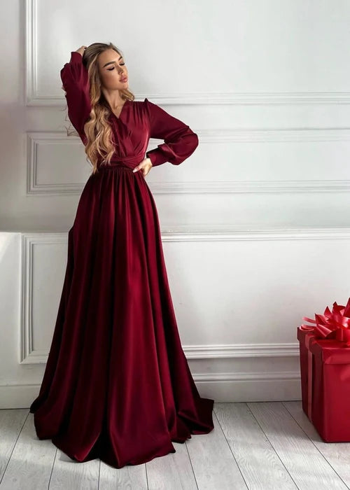 Long sleeve wine red evening gown flowing skirt view