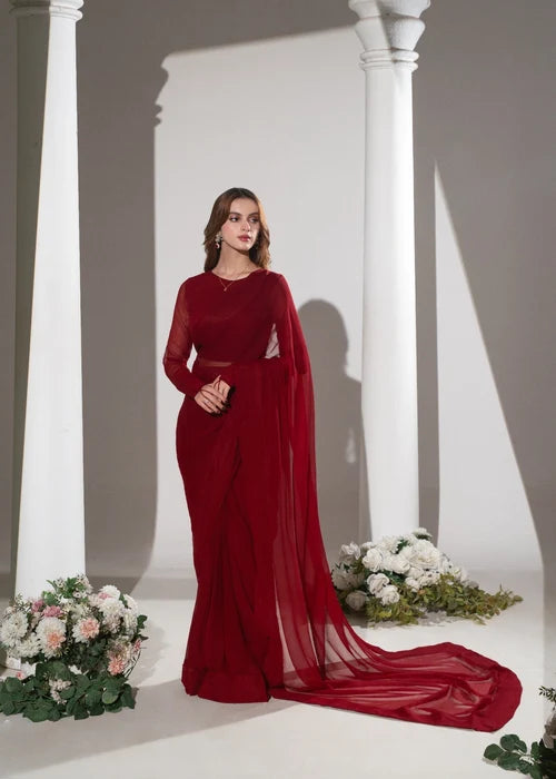 Red fishtail formal dress with lace high neckline, front view
