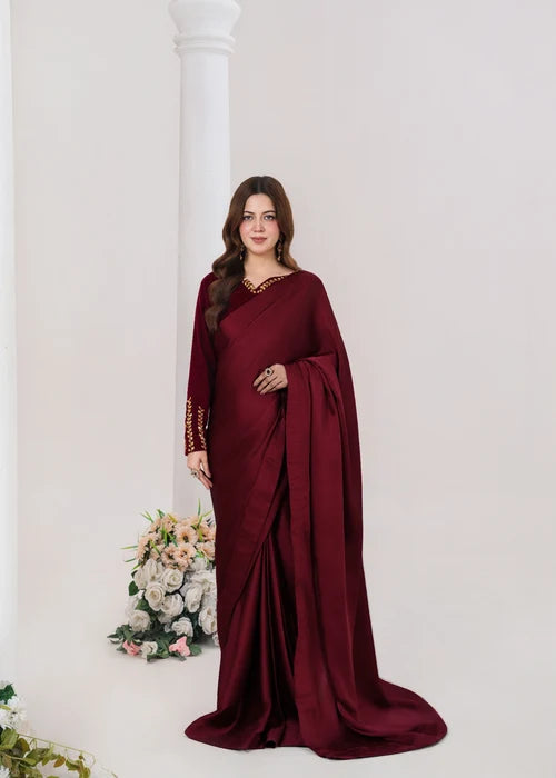 Maroon Satin Silk Saree