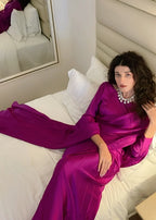 Magenta saree with square neck full sleeve blouse detail