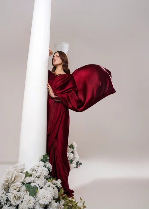 Maroon Satin Silk Saree