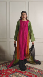 Color-Block Silk Tunic Set with Organza Dupatta