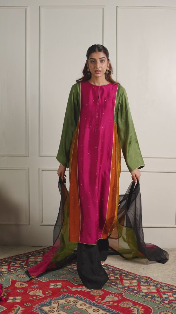 Color-Block Silk Tunic Set with Organza Dupatta