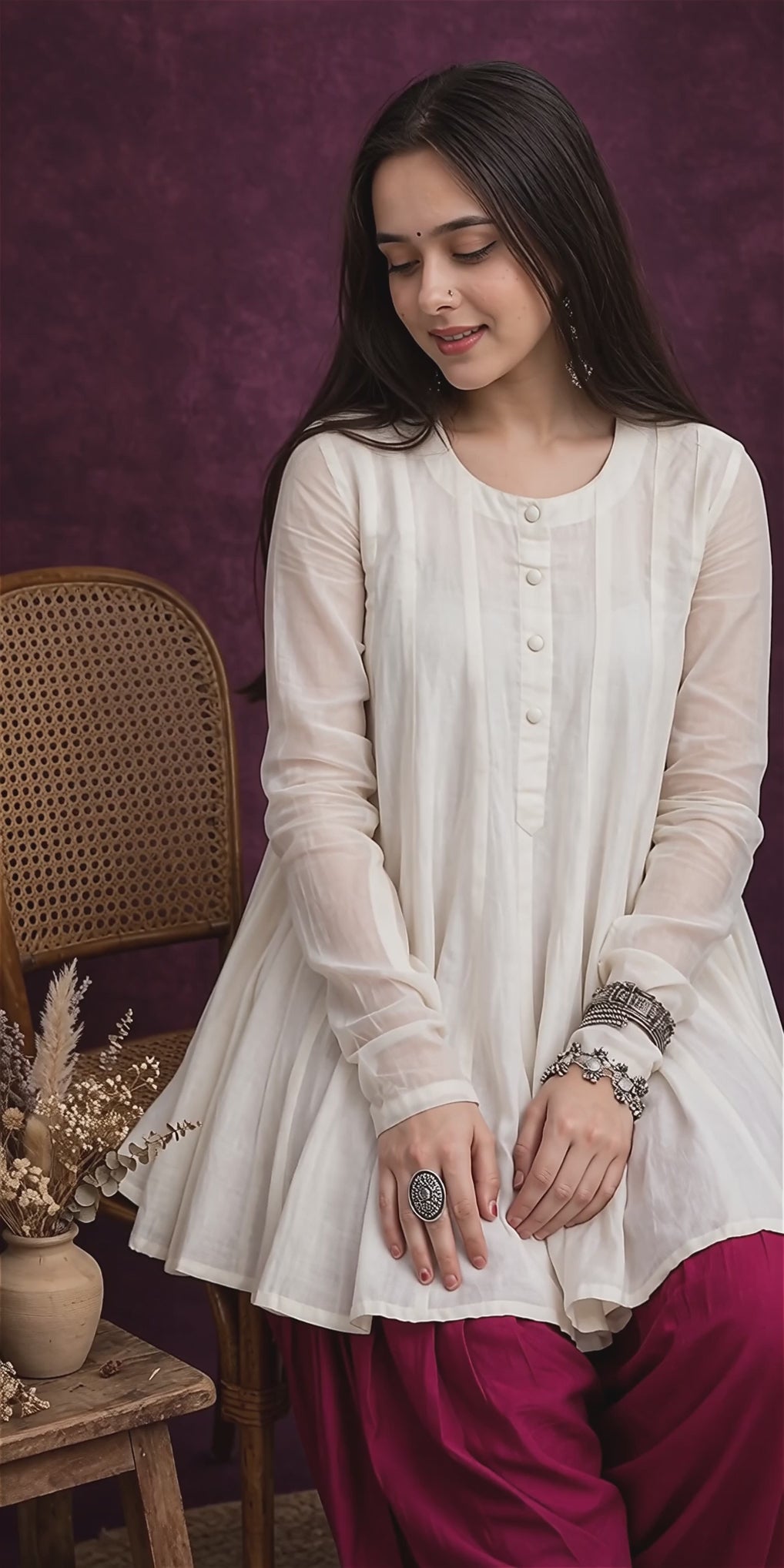 White Flared Kurti with Maroon Shalwar