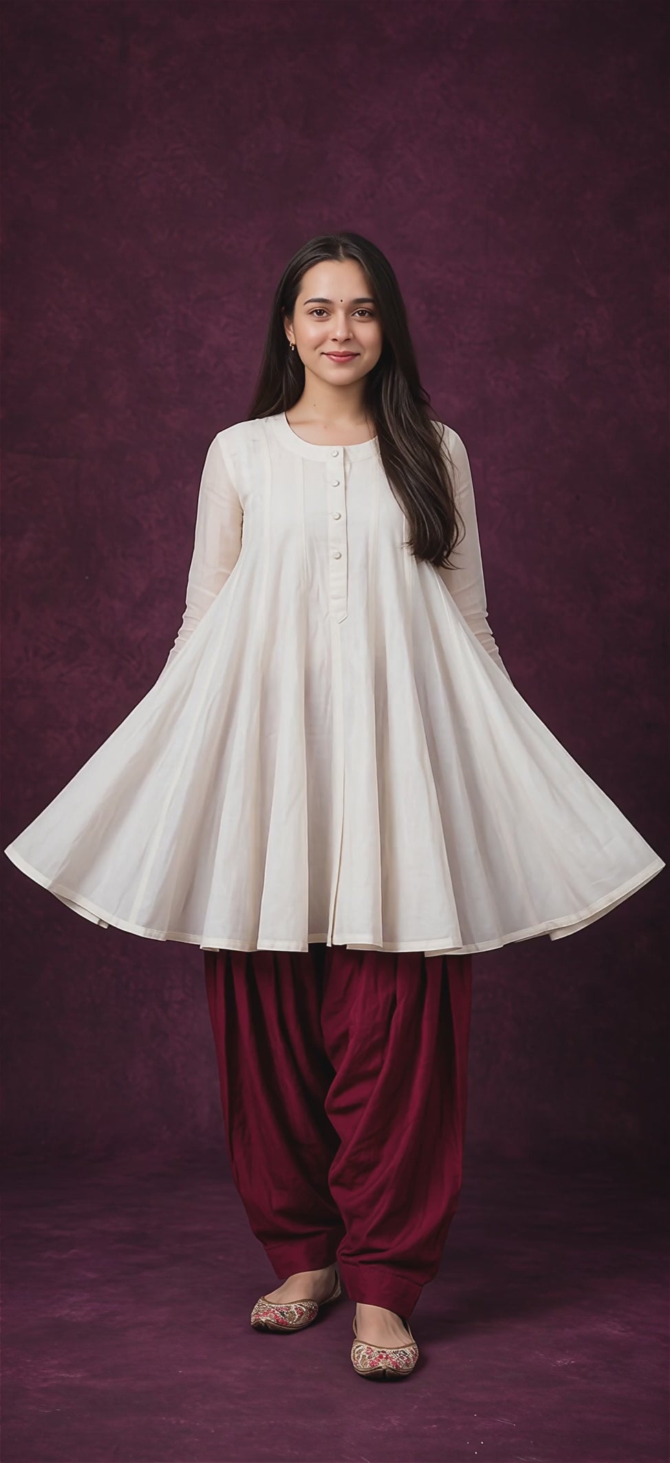White Flared Kurti with Maroon Shalwar