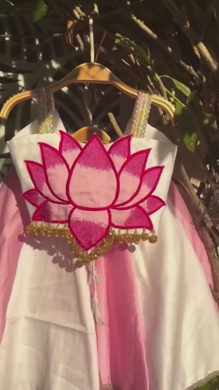 Pink and ivory lotus embroidered lehenga set for girls with beaded blouse - Aatish Kids