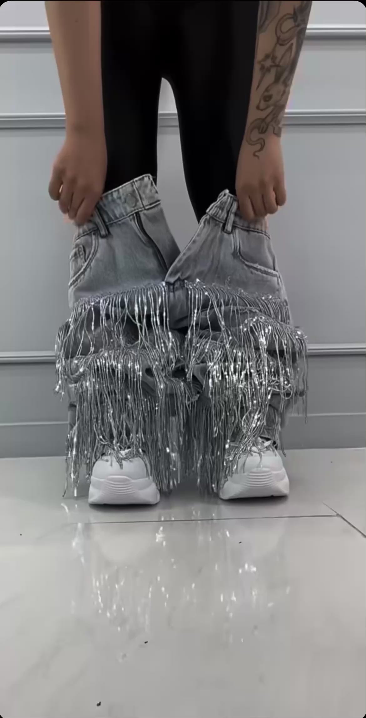 Sequin Fringe Denim Jeans